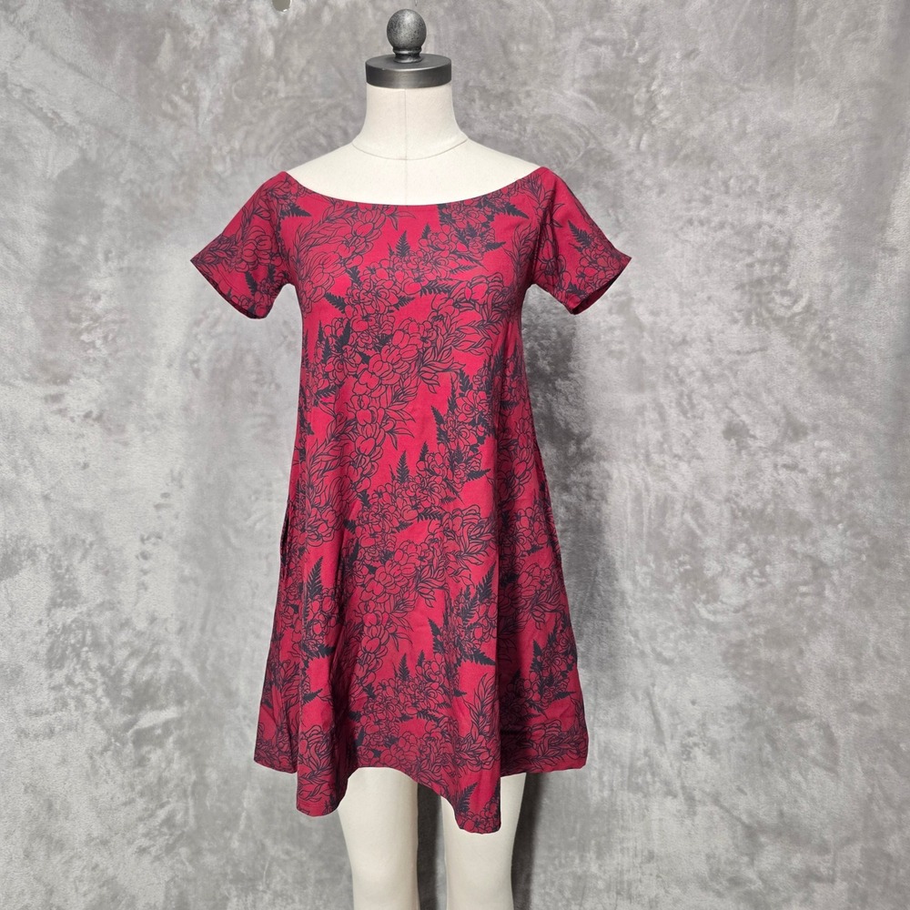 KeKuPa'a Dress Women S Red Black Floral Lei Short Sleeve Pockets Mini Fit Flare